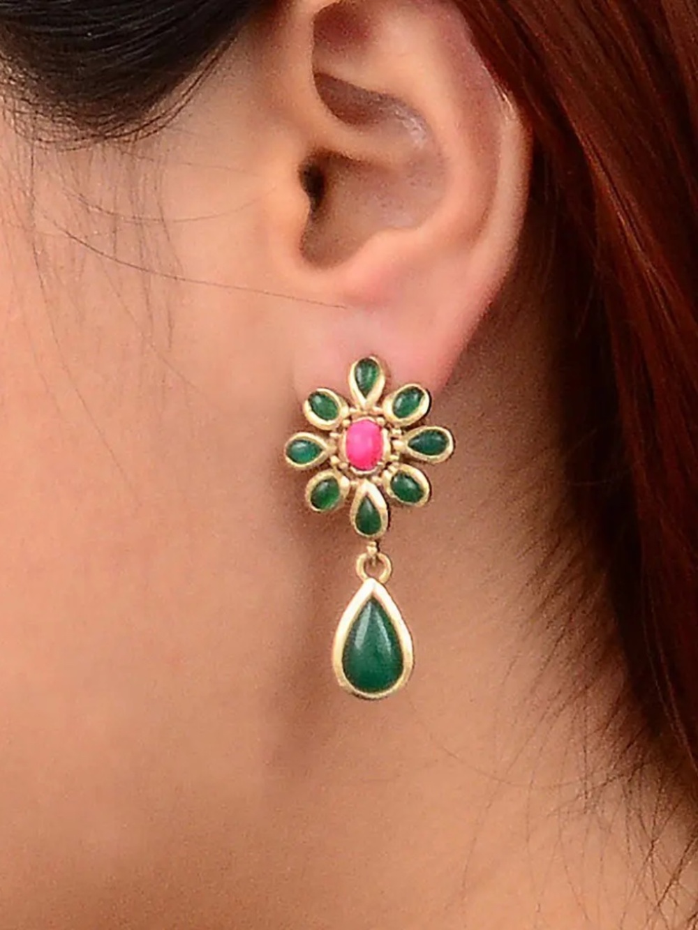 CLIP ON Green Agate and Pink Magnesite dangle earrings - boutique luxury design